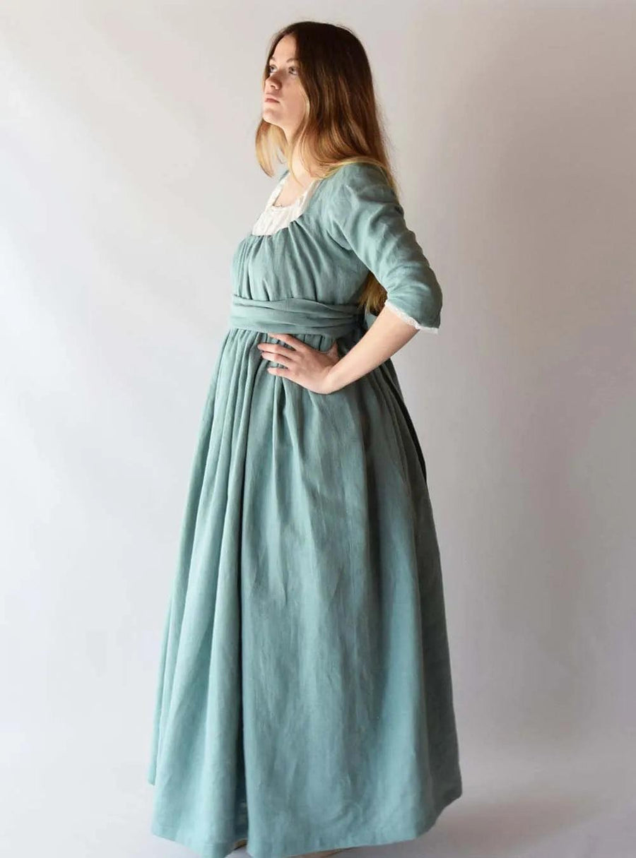 Regency Dress in Almond Green Linen - Handcrafted Historical Costumes - Atelier Serraspina