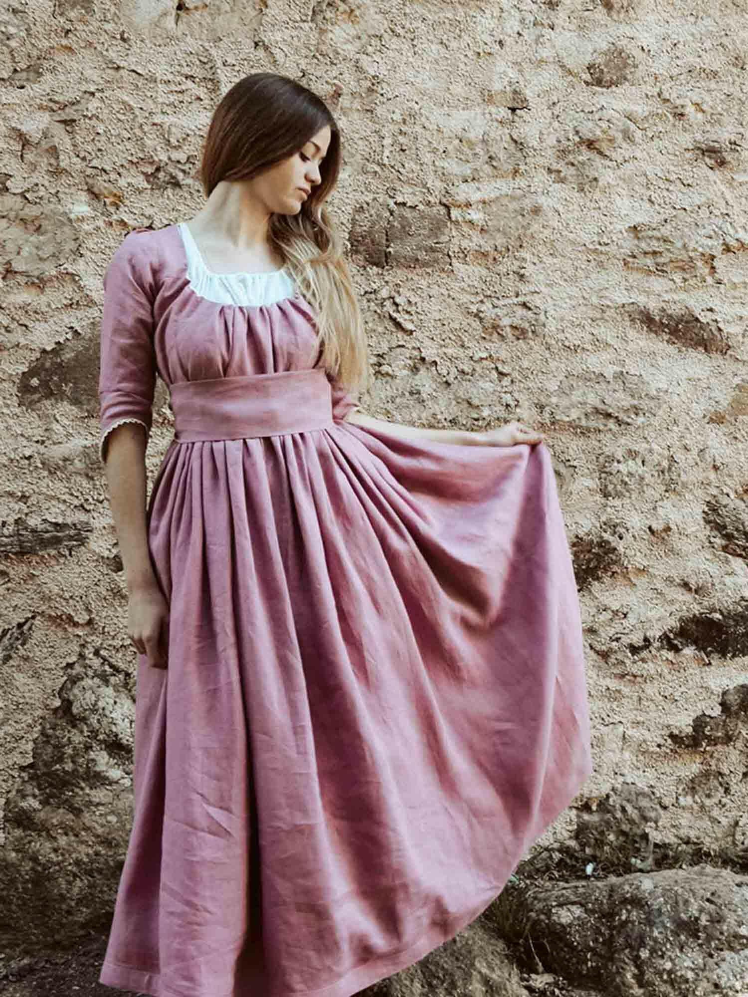 Regency Dress in Old Pink Linen - Atelier Serraspina