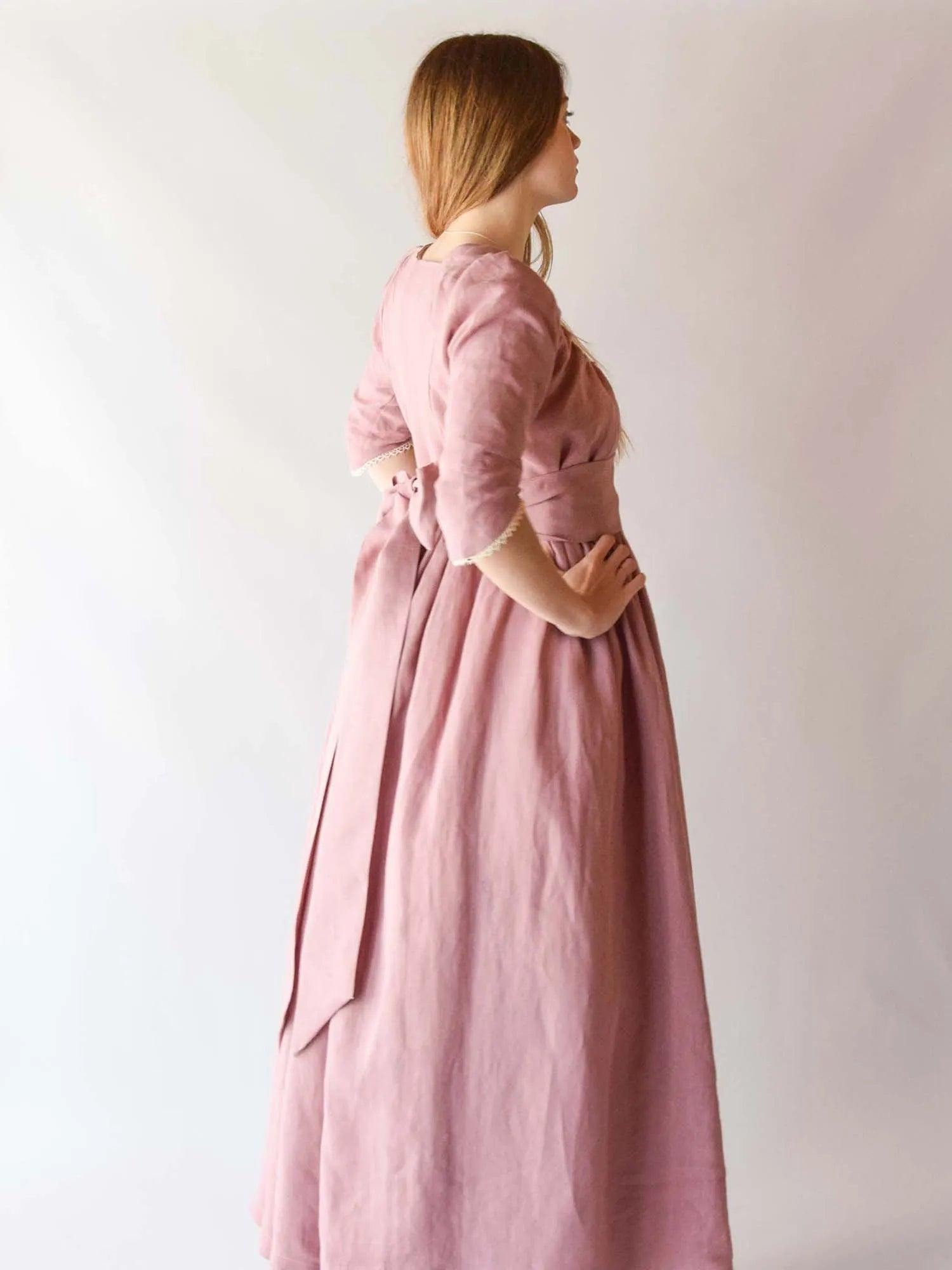Regency Dress in Old Pink Linen - Atelier Serraspina
