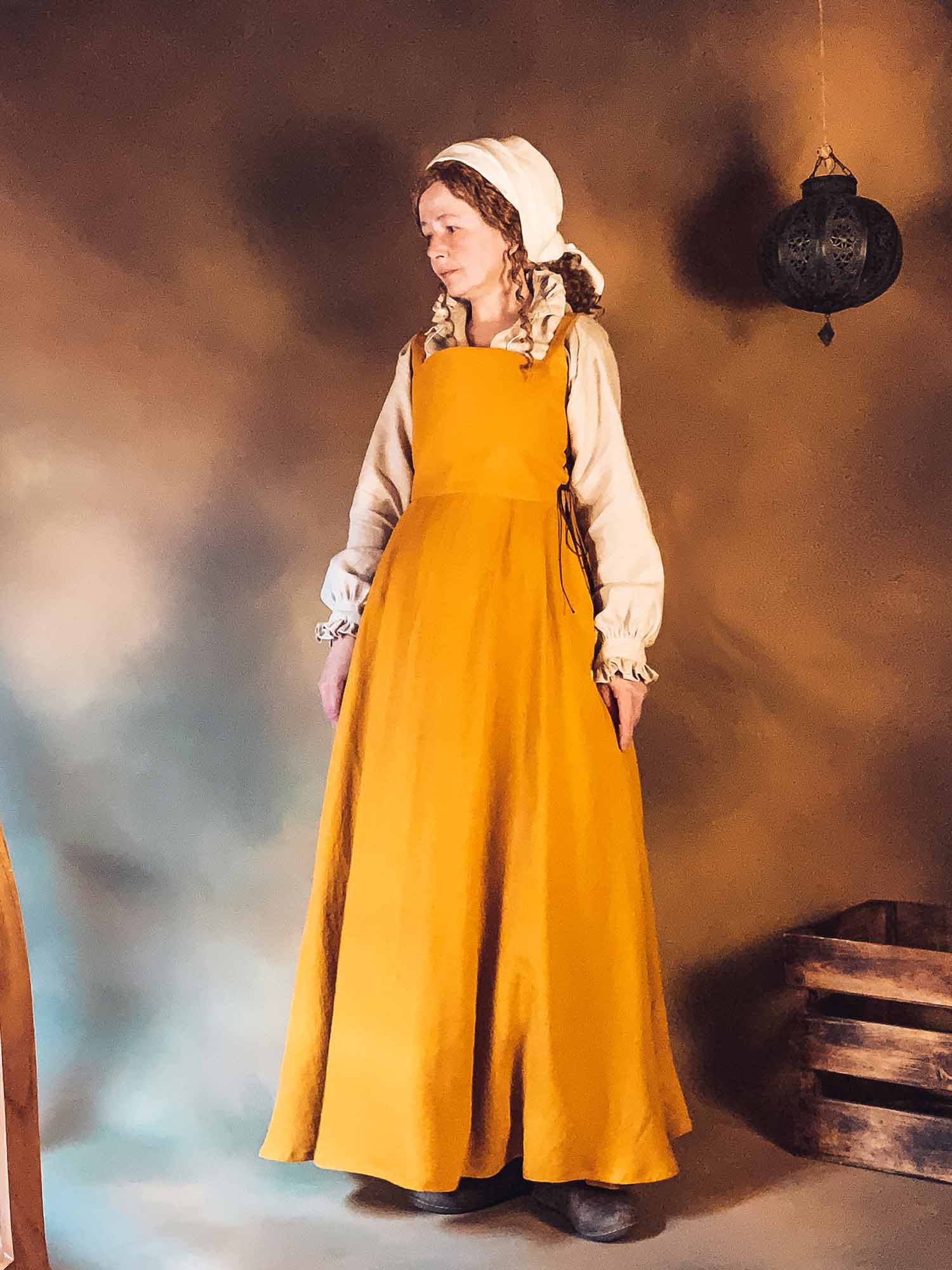 Renaissance Dress, Side-Lacing Sleeveless Kirtle in Mango Linen