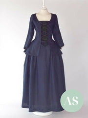 JANET, Colonial Costume in Night Blue Linen & Black Watch Tartan Shawl - Atelier Serraspina