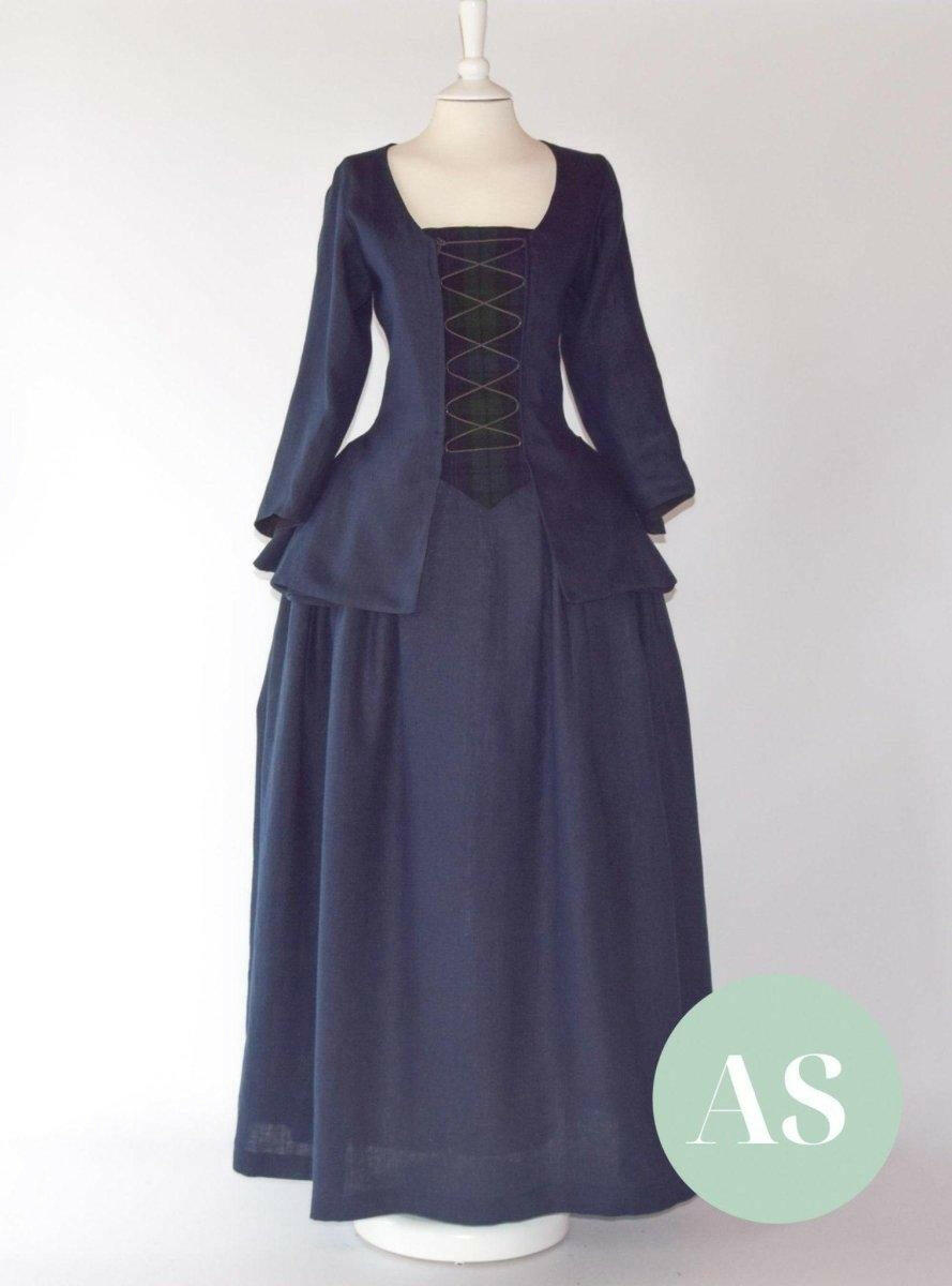 JANET, Colonial Costume in Night Blue Linen & Black Watch Tartan Shawl - Atelier Serraspina