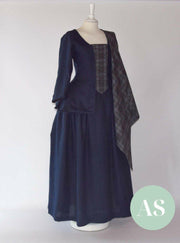 JANET, Colonial Costume in Night Blue Linen & Silver Granite Tartan - Atelier Serraspina
