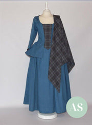 JANET, Colonial Costume in Steel Blue Linen & Silver Granite Tartan - Atelier Serraspina